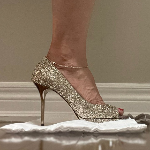 EUC Jimmy Choo Gold Glitter Luna Peep Toe Stilettos - Picture 3 of 5
